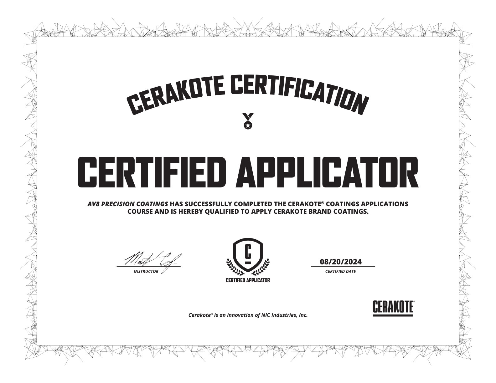 AV8 Precision Coatings Cerakote Certified Applicator certificate, dated August 20, 2024