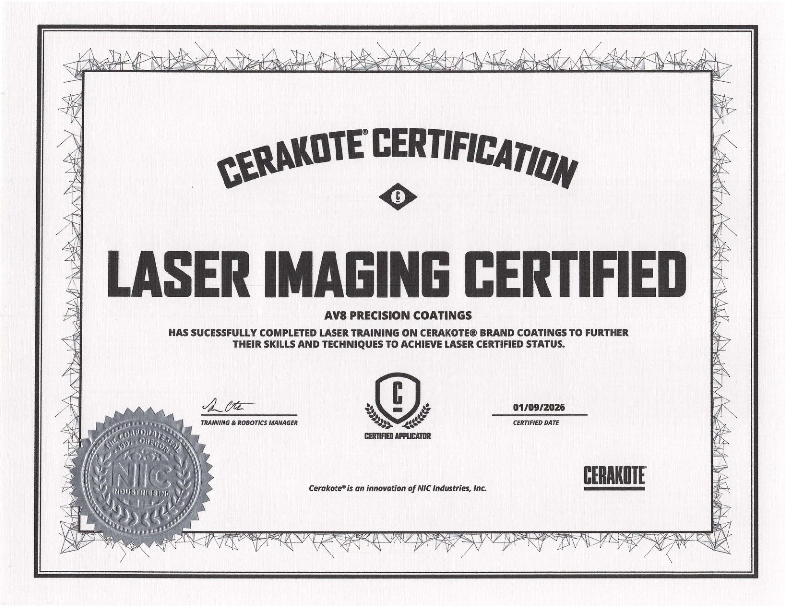 AV8 Precision Coatings Cerakote Laser Imaging Certified certificate, dated January 9, 2026